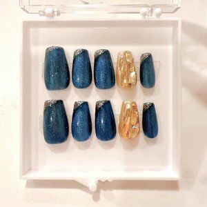 Hand-made blue/gold Galaxy  Press on Nails with silver lining| |Crystal Diamond|